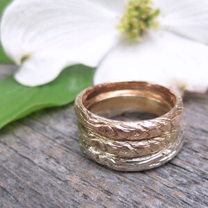 Gold Twig womens band YOUR CHOICE white rose yellow gold woodgrain 14kt 3mm ring Made to Order image 2