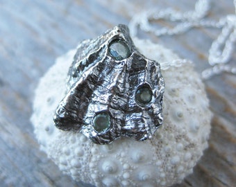 tiny OYSTER shell with 3 faceted mint green sapphires sterling silver seashell necklace