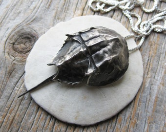 HORSESHOE CRAB sterling pendant, Limulus polyphemus sterling silver necklace, moving tail