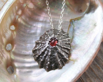 SUNBURST limpet shell set with faceted red sapphire sterling silver seashell necklace