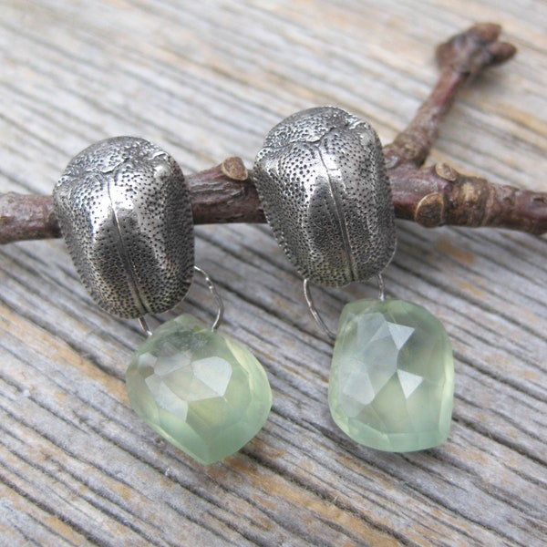 SCARAB real insect earrings sterling silver and faceted celery green prehnite post earrings