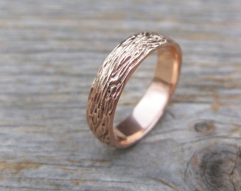 5mm gold OAK wood grain wedding band 14 kt yellow white or rose gold woodgrain rings faux bois Made to Order unisex