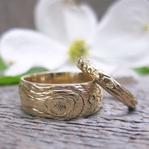 woodgrain wedding band set GOLD wood grain ring PLYWOOD 14 kt yellow faux bois, made to order image 7