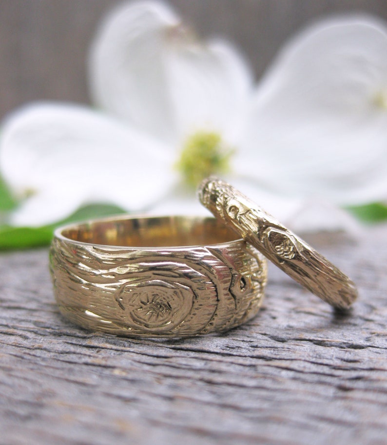 woodgrain wedding band set GOLD wood grain ring PLYWOOD 14 kt yellow faux bois, made to order image 7
