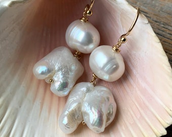 large BAROQUE white pearl gold filled dangle earrings