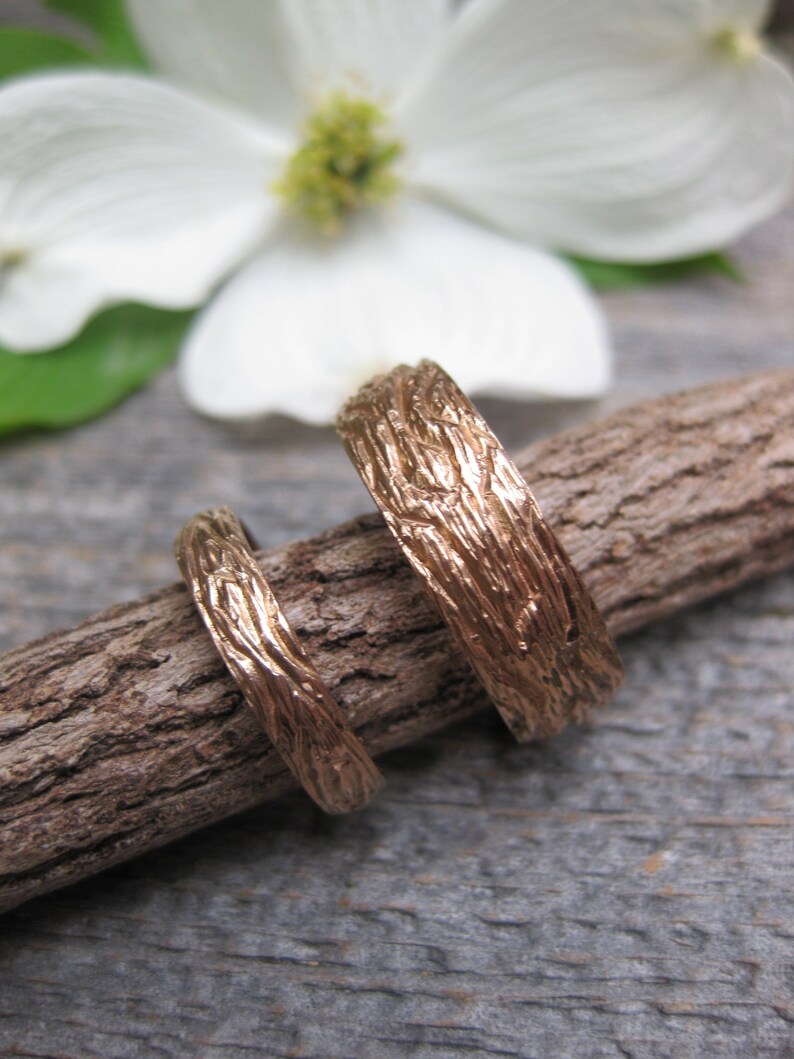 Rose Gold OAK wood grain wedding band SET 14 kt gold woodgrain matching rings faux bois Made to Order mens womens image 3