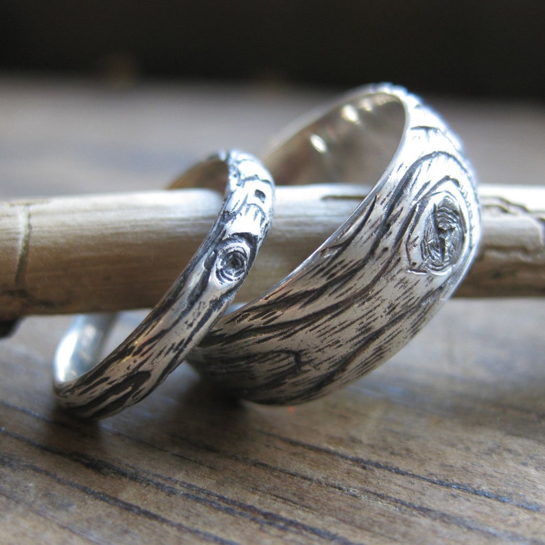 Wood grain wedding ring PLYWOOD sterling silver SET faux bois | Etsy