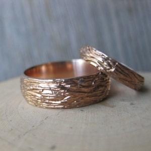 Rose Gold OAK wood grain wedding band SET 14 kt gold woodgrain matching rings faux bois Made to Order mens womens image 8