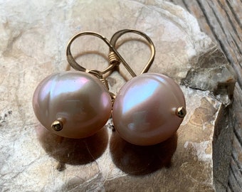 large PEACH simple pearl gold filled dangle earrings