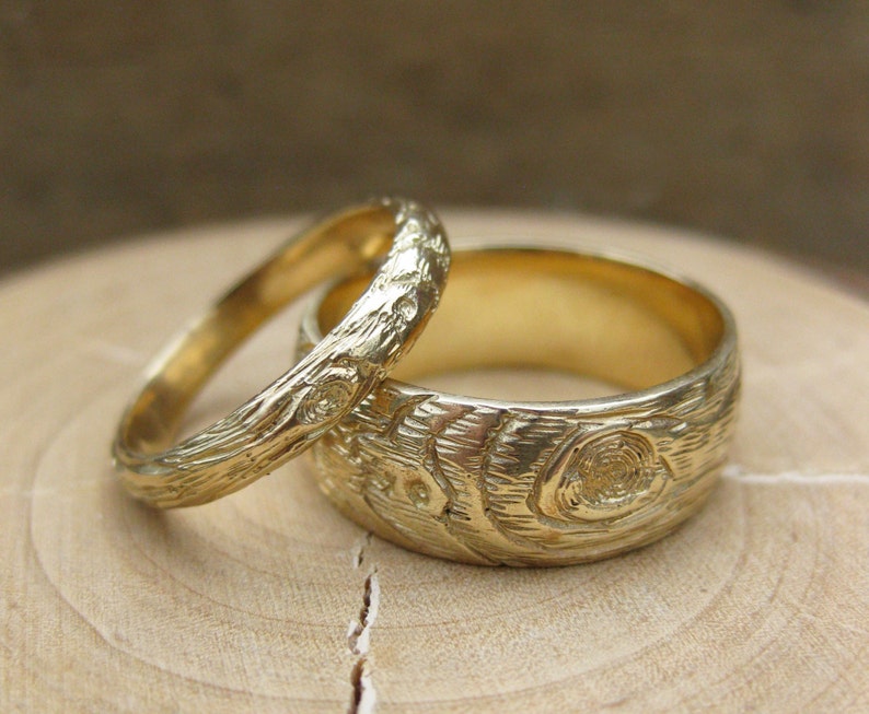 woodgrain wedding band set GOLD wood grain ring PLYWOOD 14 kt yellow faux bois, made to order image 6