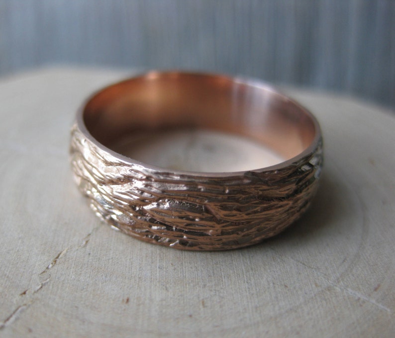 Rose Gold OAK wood grain wedding band 14 kt gold woodgrain