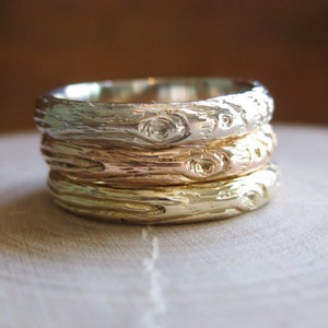 Gold Twig womens band YOUR CHOICE white rose yellow gold woodgrain 14kt 3mm ring Made to Order image 1