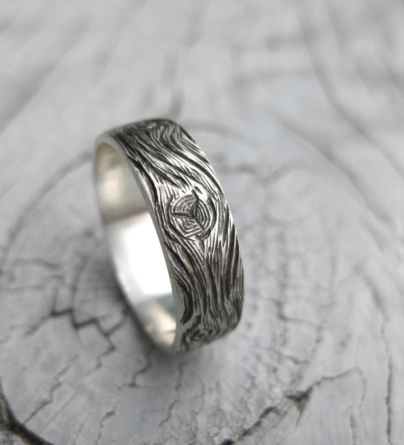 BARNWOOD cedar woodgrain ring faux bois mens 6mm sterling silver wedding band Made to Order image 1