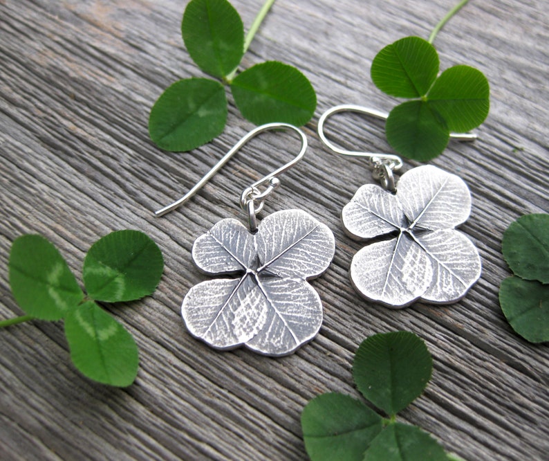 SHAMROCK lucky 4 leaf clover earrings, sterling silver St. Patrick's Day earrings, good luck image 3
