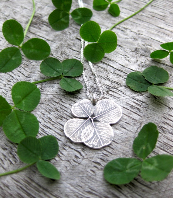 SHAMROCK lucky 4 leaf clover charm necklace, sterling silver St. Patrick's Day pendant, good luck