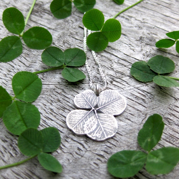 SHAMROCK lucky 4 leaf clover charm necklace, sterling silver St. Patrick's Day pendant, good luck