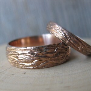 Rose Gold OAK wood grain wedding band SET 14 kt gold woodgrain matching rings faux bois Made to Order mens womens image 9