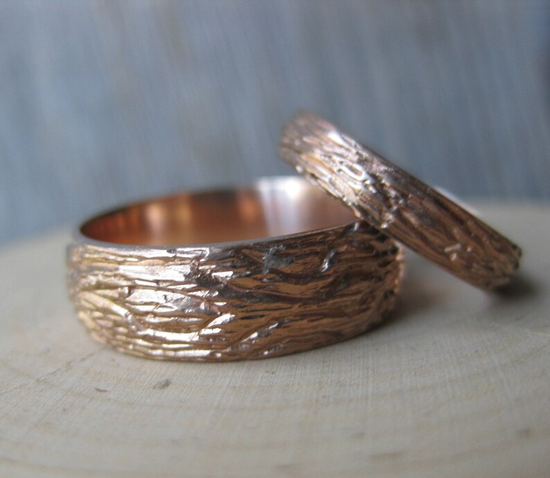 Rose Gold OAK wood grain wedding band SET 14 kt gold