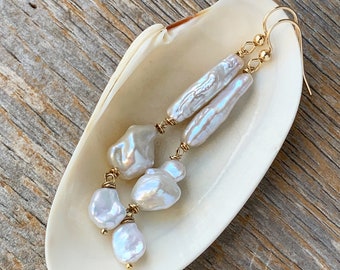 long skinny white pearl gold filled dangle earrings