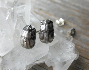 Tiny SCARAB studs oxidized insect jewelry sterling silver post earrings