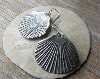 bold FAN SHELL geometric earrings, bold sterling silver dangle earring