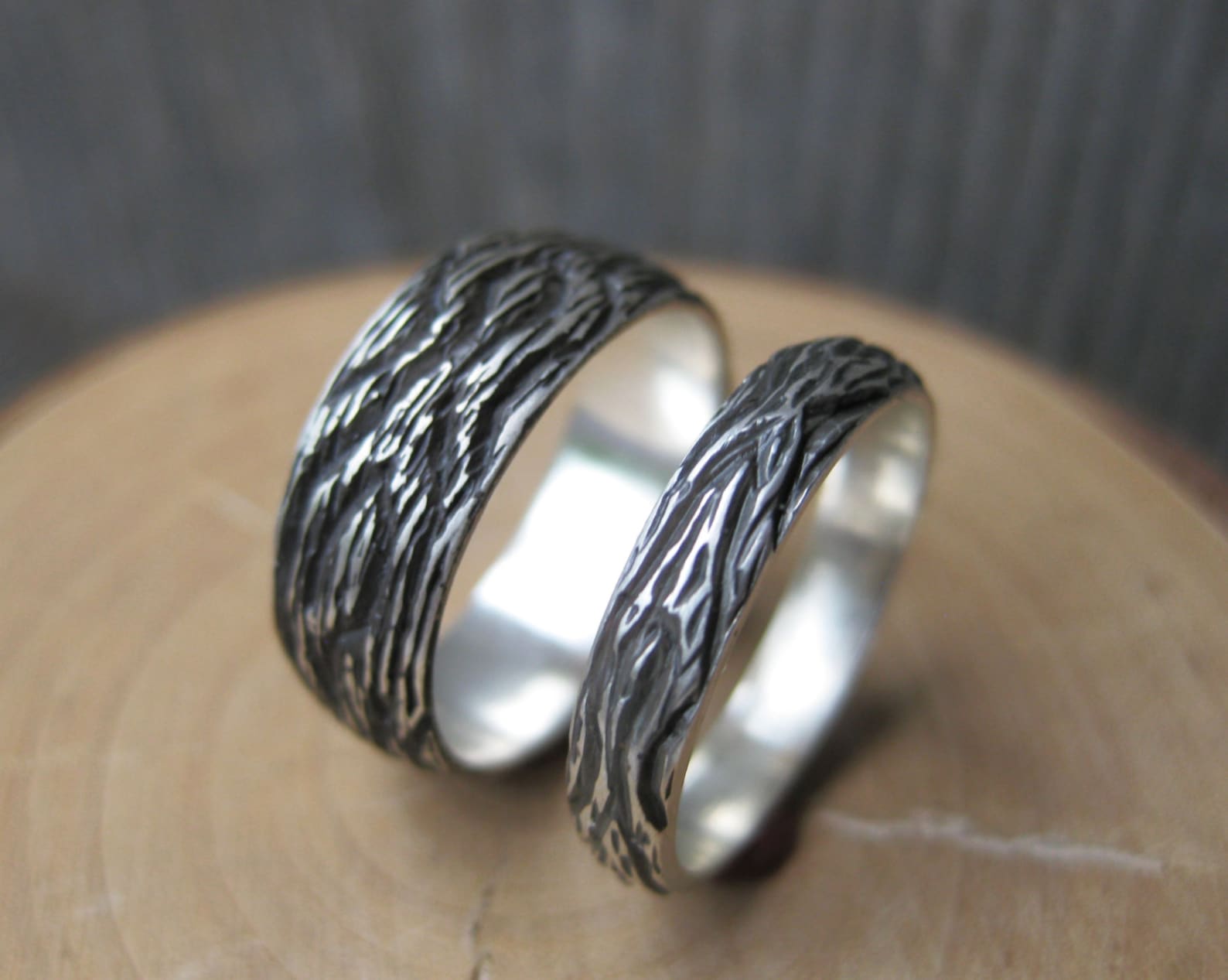 Wood Grain OAK Wedding Band SET Sterling Silver Wood Grain - Etsy