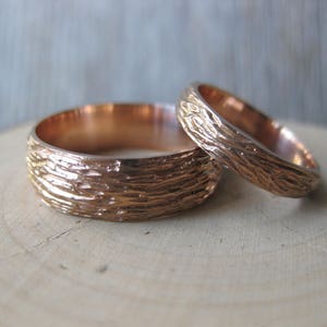 Rose Gold OAK wood grain wedding band SET 14 kt gold woodgrain matching rings faux bois Made to Order mens womens image 7