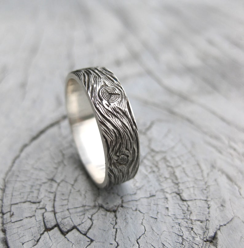 BARNWOOD cedar woodgrain ring faux bois mens 6mm sterling silver wedding band Made to Order image 3