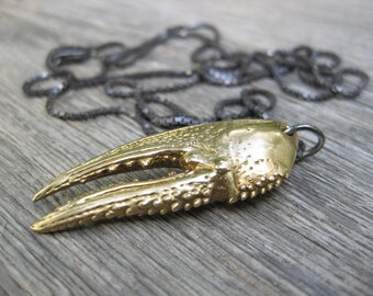 Large CRAWFISH CLAW crayfish crawdaddy brass pendant sterling chain necklace