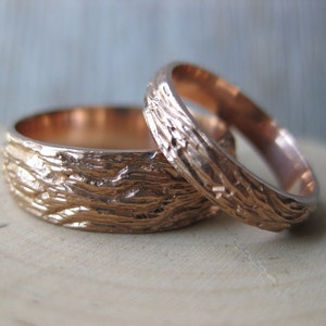 Rose Gold OAK wood grain wedding band SET 14 kt gold woodgrain matching rings faux bois Made to Order mens womens image 1