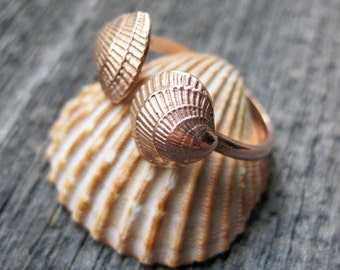 rose 14 kt GOLD double seashell fan shell mermaid open ring sz 8.5 ready to ship