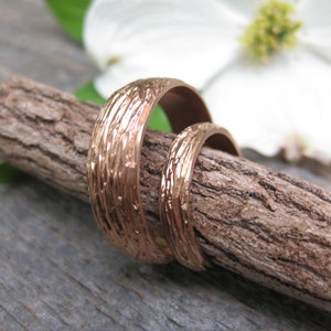 Rose Gold OAK wood grain wedding band SET 14 kt gold woodgrain matching rings faux bois Made to Order mens womens image 2