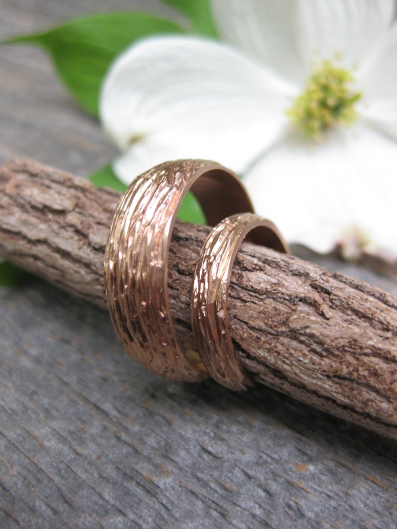 Rose Gold OAK wood grain wedding band SET 14 kt gold