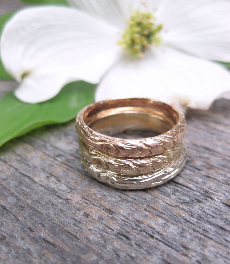 Gold Twig womens band YOUR CHOICE white rose yellow gold woodgrain 14kt 3mm ring Made to Order image 2