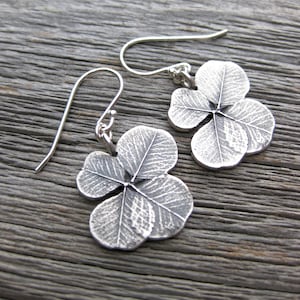May include: A pair of silver earrings shaped like four-leaf clovers. The earrings have a textured, detailed design and are hanging from silver hooks.