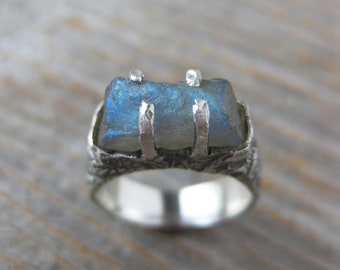 Blue LABRADORITE prong set rough crystal sterling silver ring size 6.5 ring ready to ship