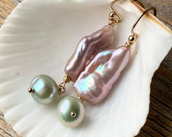 BAROQUE purple and aqua pearl gold filled dangle earrings