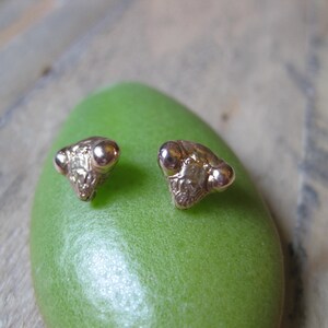 May include: A pair of gold-toned earrings shaped like the head of a praying mantis. The earrings are small and delicate, with detailed features.
