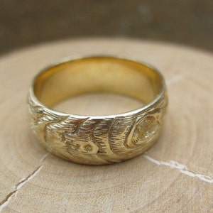 Mens wedding band GOLD wood grain ring Plywood 14 kt yellow faux bois Made to Order image 2