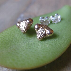 May include: A pair of gold-toned earrings shaped like a praying mantis. The earrings are on a green leaf.