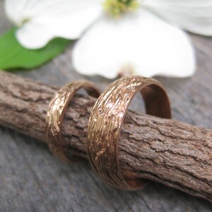 Rose Gold OAK wood grain wedding band SET 14 kt gold woodgrain matching rings faux bois Made to Order mens womens image 4