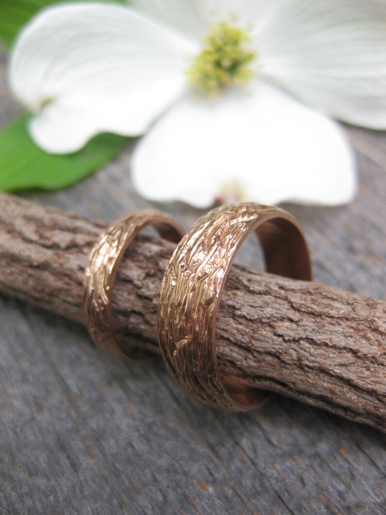 Rose Gold OAK wood grain wedding band SET 14 kt gold