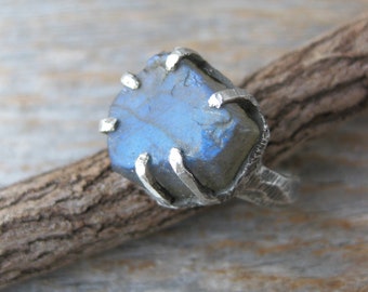 Blue LABRADORITE prong set rough stone sterling silver unisex ring size 7 1/2 ring ready to ship