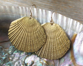 bold FAN SHELL geometric earrings, bold brass dangle earring