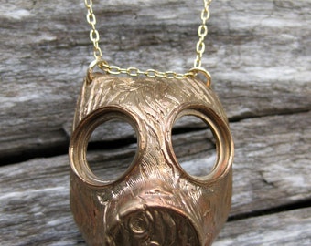 woodgrain GASMASK solid BRONZE necklace faux bois steampunk