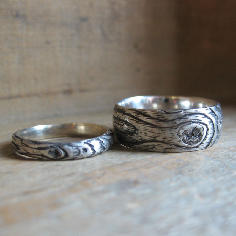 Wood grain wedding ring PLYWOOD sterling silver SET faux bois Etsy