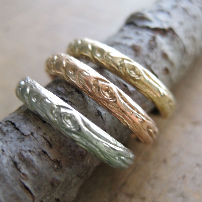 Gold Twig womens band YOUR CHOICE white rose yellow gold woodgrain 14kt 3mm ring Made to Order image 6