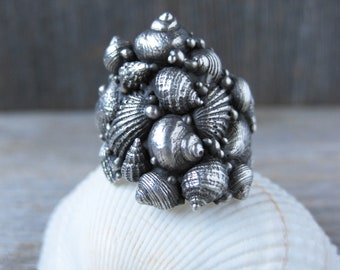 Seashell ENCRUSTATION wide ring sterling silver cigar band shell cluster ring