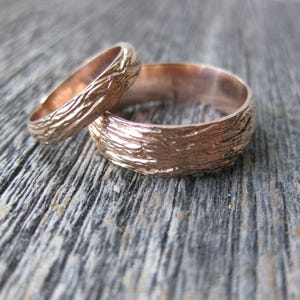 Rose Gold OAK wood grain wedding band SET 14 kt gold woodgrain matching rings faux bois Made to Order mens womens image 5