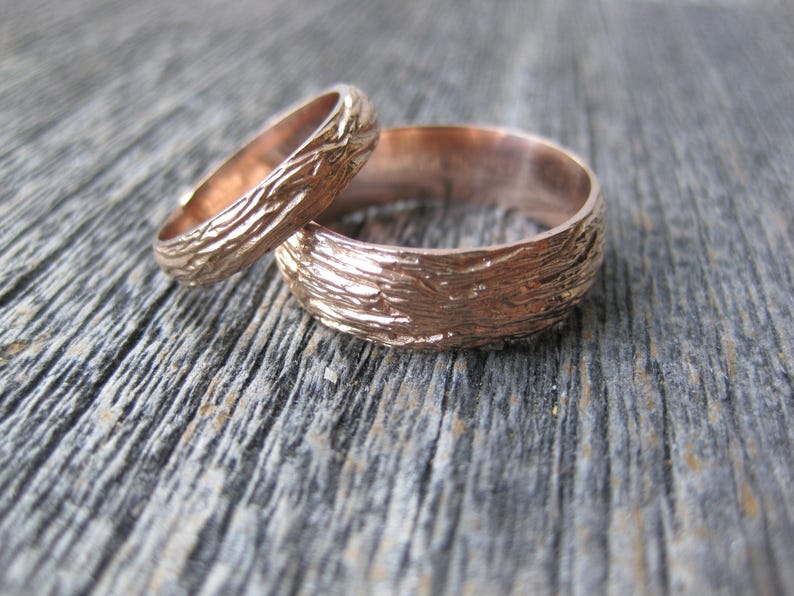 Rose Gold OAK wood grain wedding band SET 14 kt gold